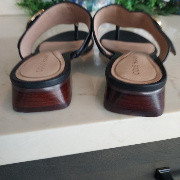 Black Leather Toe-Post Slide Sandals with Gold Buckle Accent - Picture 8 of 10